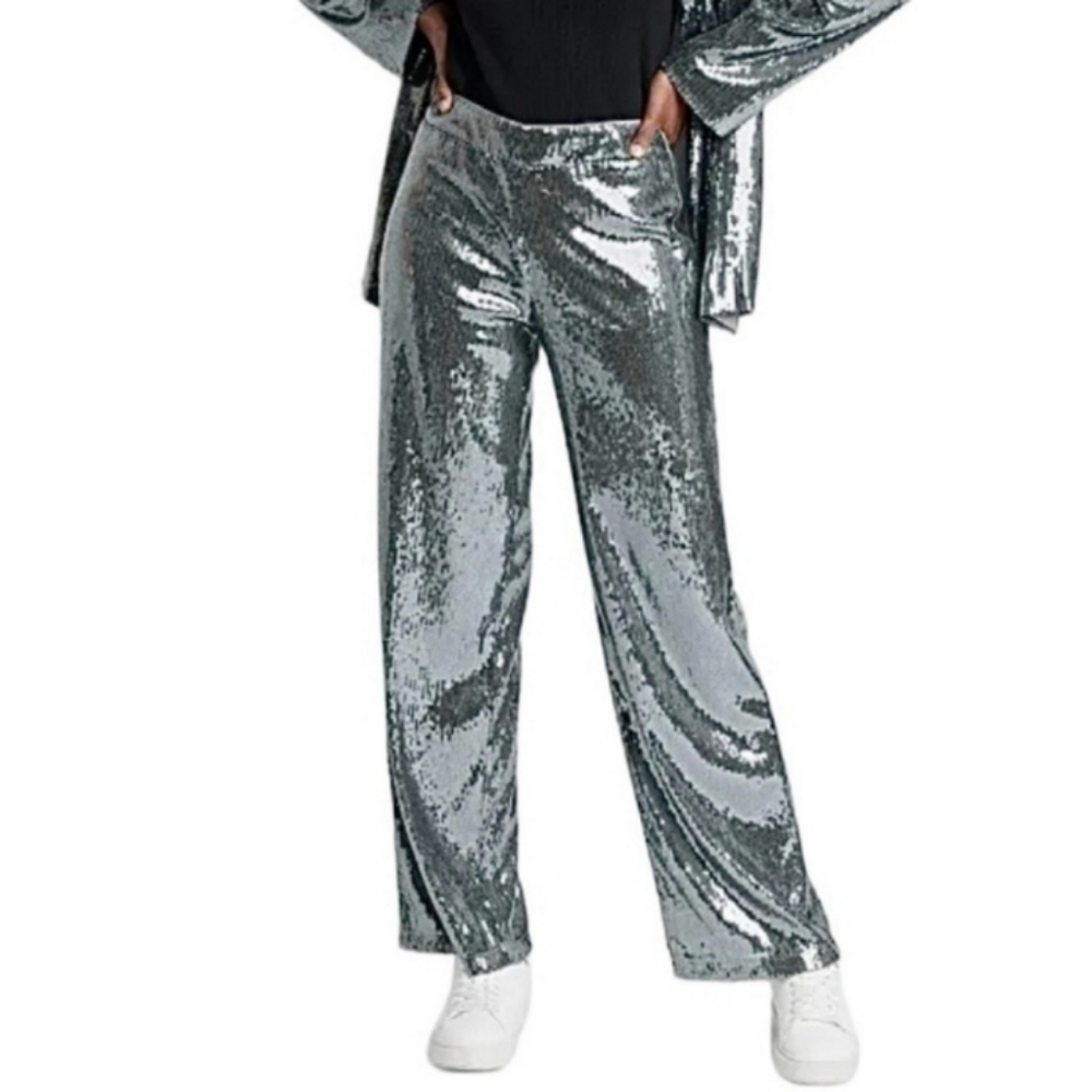 A New Day Silver Sequin High Waist Wide Leg Pants Size 4 NWT